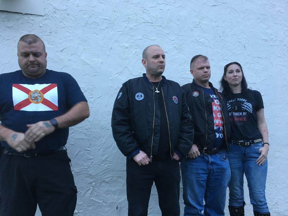 Jeff Schoep, second from the left, is head of the National Socialist Movement, a neo-Nazi group. He and three other NSM members met HuffPost outside their hotel in the Nashville area. (Photo: Christopher Mathias/HuffPost)