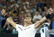 Tennis - Australian Open - Melbourne Park, Melbourne, Australia - 23/1/17 Spain's Rafael Nadal celebrates winning his Men's singles fourth round match against France's Gael Monfils. REUTERS/Thomas Peter