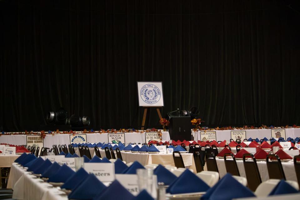 The Stockton Memorial Civic is set up for the 58th Annual Stockton Athletic Hall of Fame Induction Dinner on Nov. 15, 2023.