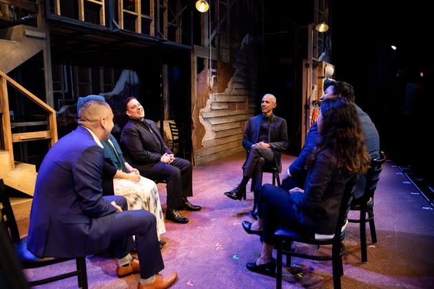 Former President Barack Obama (center) with DACA recipients (left to right) Josue de Paz, Sumbul Siddiqui, Tony Valdovinos, Devashish Basnet and Jessica Astudillo at a discussion marking DACA's 10th anniversary, filmed in late May in New York. (Photo: The Obama Foundation)