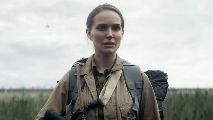 Natalie Portman looking ahead in a uniform in a scene from Annihilation.