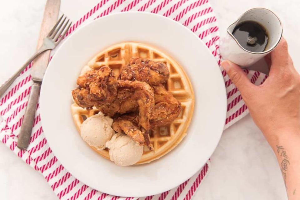 <p>Sense and Edibility</p><p>Chicken and Waffles are pure comfort! Buttermilk marinated chicken, served atop light, airy sweet cream waffles, make the perfect pairing.</p><p><strong>Get the recipe: <a href="https://senseandedibility.com/chicken-waffles-honey-butter/" rel="nofollow noopener" target="_blank" data-ylk="slk:Chicken and Waffles with Honey-Cinnamon Butter;elm:context_link;itc:0;sec:content-canvas" class="link ">Chicken and Waffles with Honey-Cinnamon Butter</a></strong></p>