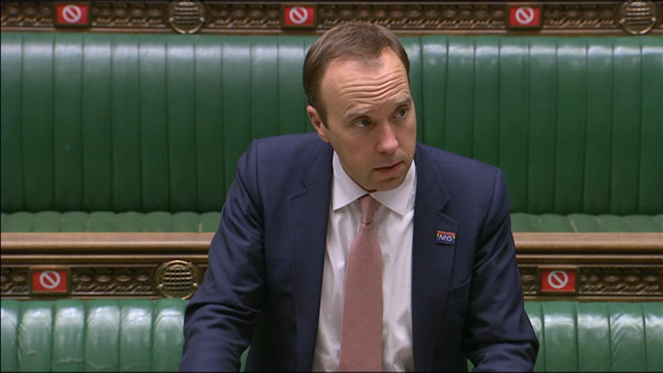 Health Secretary Matt Hancock delivers a ministerial statement on COVID-19 in the House Of Commons, London. (Photo by House of Commons/PA Images via Getty Images)