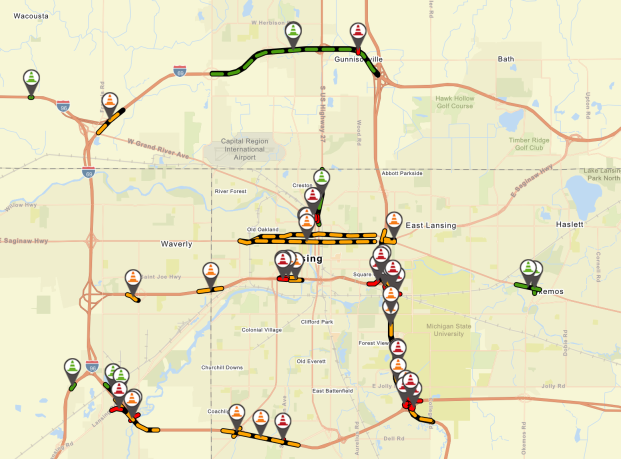 The Michigan Department of Transportation's "drive" map shows construction work taking place on every major state highway in the Lansing area.