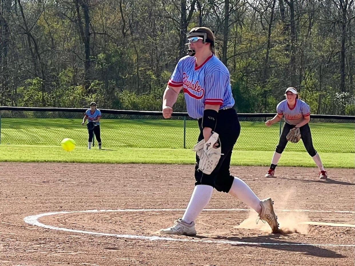 Ridgedale's Kenzie Delaney delivers a pitch during Tuesday's Northwest Central Conference home softball game against North Baltimore. Ridgedale won 14-4 in five innings.