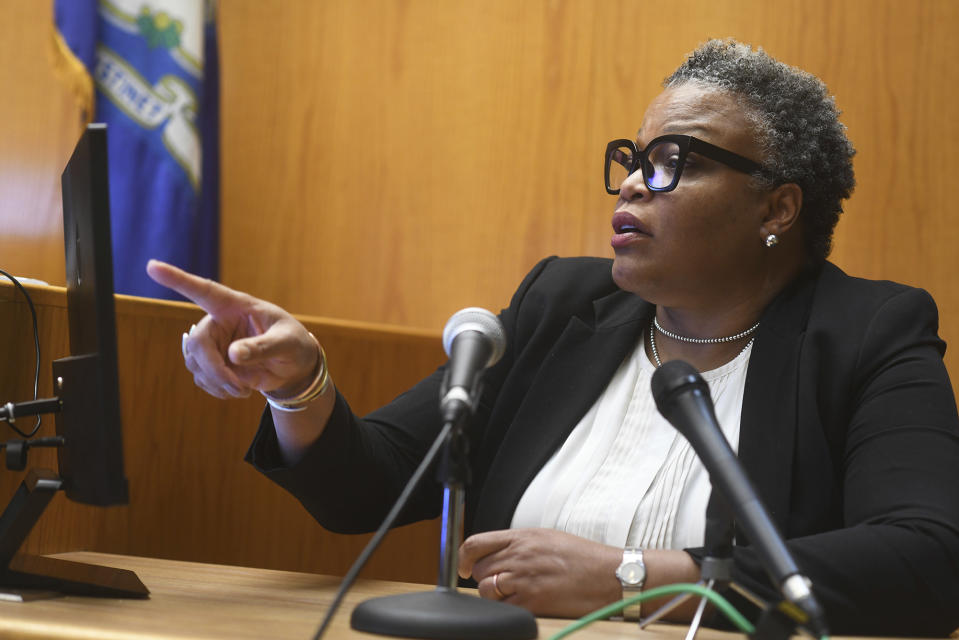 Christine Bartlett-Josie, campaign manager for Democratic mayoral candidate John Gomes, speaks during a hearing in Bridgeport Superior Court, Tuesday, Oct. 17, 2023, in Bridgeport, Conn. (Ned Gerard/Hearst Connecticut Media via AP, Pool)
