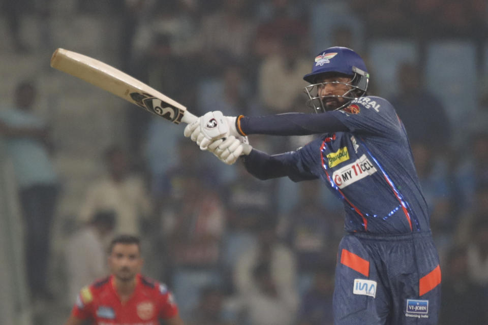 Lucknow Super Giants' Krunal Pandya plays a shot during the Indian Premier League cricket match between Lucknow Super Giants and Punjab Kings in Lucknow, India, Saturday, March 30, 2024.(AP Photo/Pankaj Nangia)