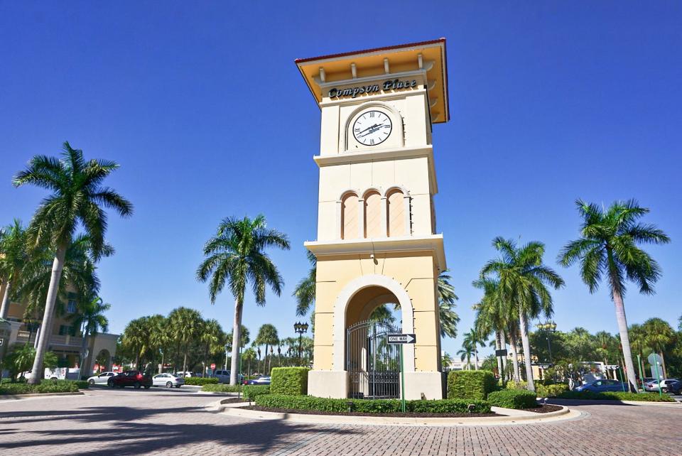 A clock tower sits at the center of Compson Place at Renaissance Commons, one of the many shopping centers along North Congress Avenue in Boynton Beach.
