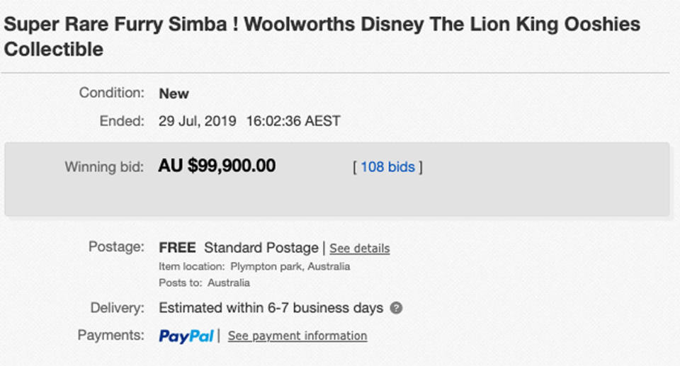 Photo showing the sale of Woolworths Simba Ooshie on eBay for almost $100,000 from lister in Adelaide.