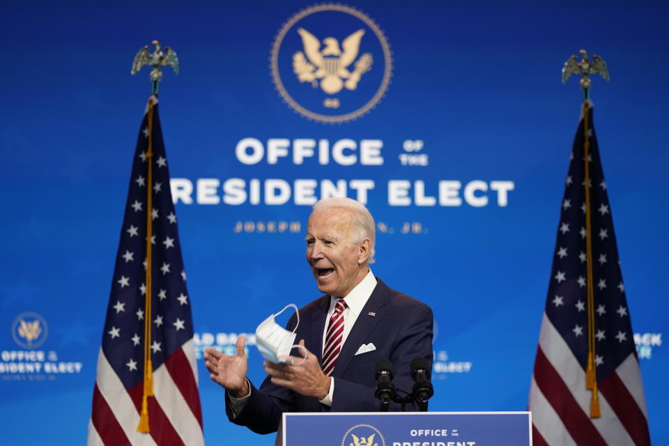 President-elect Joe Biden, accompanied by Vice President-elect Kamala Harris, speaks about economic recovery at The Queen theater, Monday, Nov. 16, 2020, in Wilmington, Del. (AP Photo/Andrew Harnik)