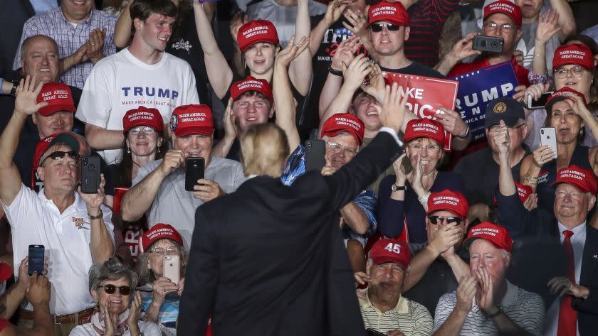 MONTOURSVILLE, PA - MAY 20: The crowd cheers as U.S. President Donald Trump waves at the end of a 'Make America Great Again' campaign rally at Williamsport Regional Airport, May 20, 2019 in Montoursville, Pennsylvania. Trump is making a trip to the swing state to drum up Republican support on the eve of a special election in Pennsylvania's 12th congressional district, with Republican Fred Keller facing off against Democrat Marc Friedenberg. (Photo by Drew Angerer/Getty Images) ** OUTS - ELSENT, FPG, CM - OUTS * NM, PH, VA if sourced by CT, LA or MoD **