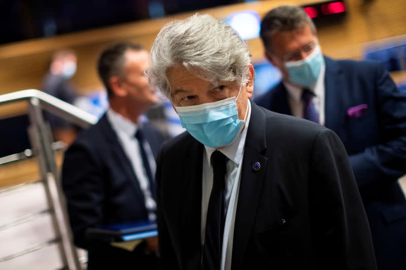 FILE PHOTO: European Union Internal Market Commissioner Thierry Breton leaves after an online news conference at the EU headquarters in Brussels