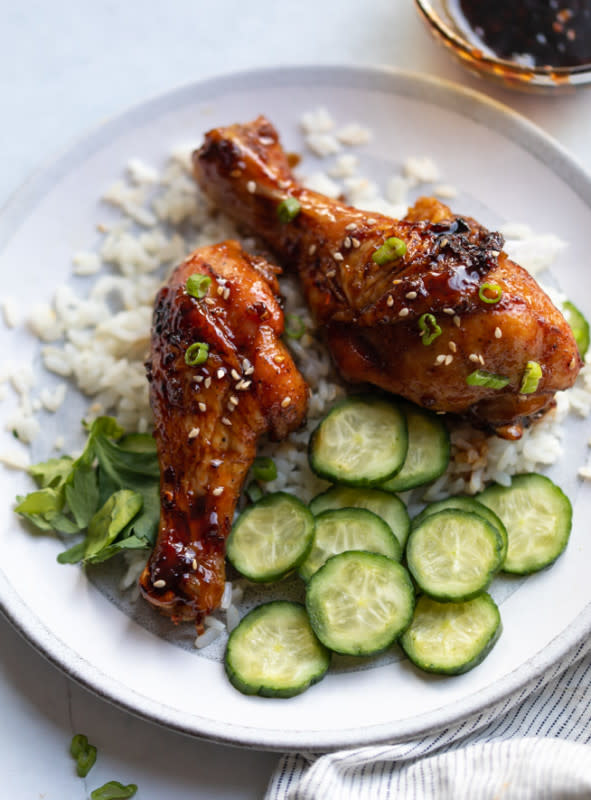 <p>Whisk it Real Gud</p><p>Teriyaki chicken legs are a perfect back-to-school recipe. The teriyaki sauce is cooked in minutes and the baked chicken legs are easy too.</p><p><strong>Get the recipe: <a href="https://whiskitrealgud.com/teriyaki-baked-crispy-chicken-legs/" rel="nofollow noopener" target="_blank" data-ylk="slk:Teriyaki Baked Crispy Chicken Legs;elm:context_link;itc:0;sec:content-canvas" class="link rapid-noclick-resp">Teriyaki Baked Crispy Chicken Legs</a></strong></p>