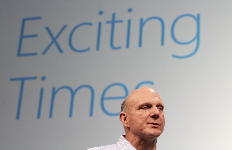 FILE - In this Monday, July 16, 2012, file photo, Microsoft CEO Steve Ballmer speaks at a Microsoft event in San Francisco. Ballmer can't afford to be wrong about Windows 8. If the dramatic overhaul of the Windows operating system flops, it will reinforce perceptions that Microsoft is falling behind other technology giants as the world moves on to smartphones, tablets and other sleek devices from Apple, Google and Amazon. (AP Photo/Jeff Chiu, File)