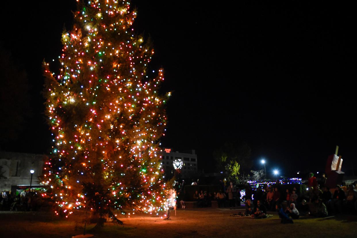 FILE - The tree is lit during Augusta's annual Christmas Tree Light-Up and Firework Spectacular at the Augusta Common on Saturday, Dec. 4, 2021. It will be lit again on Dec. 2.