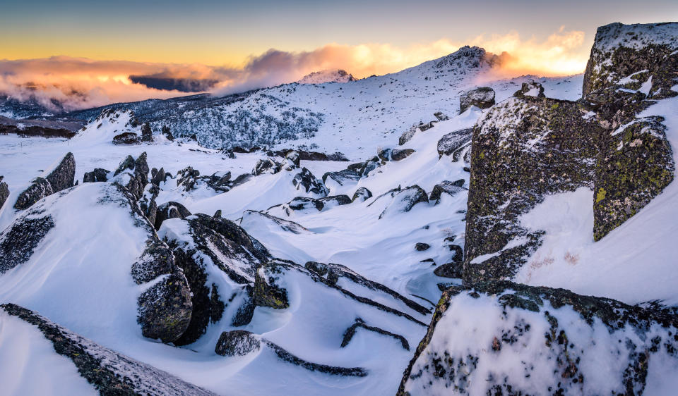 Winter sunset at the highest Australian Mountain, Kosciuszko National Park, New South Wales