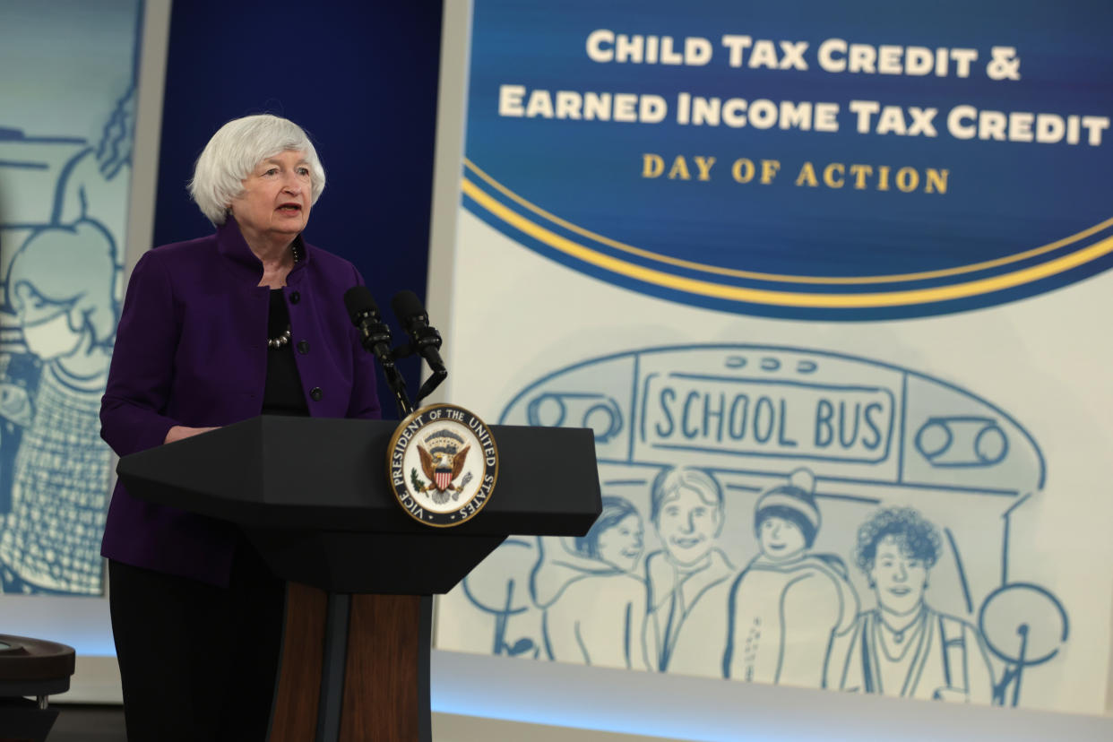 WASHINGTON, DC - FEBRUARY 08:  U.S. Secretary of the Treasury Janet Yellen speaks during a Child Tax Credit/Earned Income Tax Credit Day of Action event at the South Court Auditorium at Eisenhower Executive Office Building on February 8, 2022 in Washington, DC. Vice President Harris encouraged all Americans to take advantage of child tax credit, which is part of the American Rescue Plan.  (Photo by Alex Wong/Getty Images)