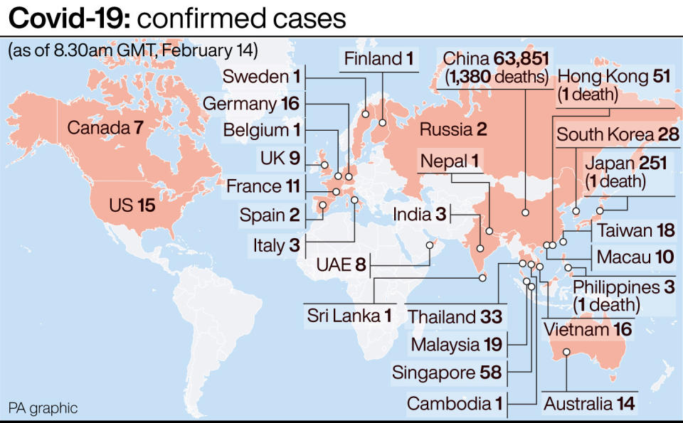 Covid-19: confirmed cases. See story HEALTH Coronavirus. Infographic PA Graphics