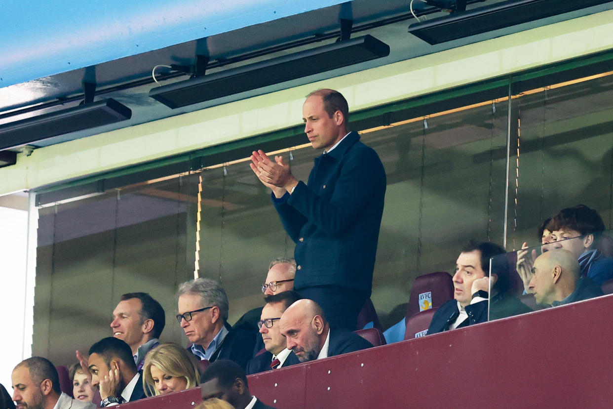 Prince William applauds during an Aston Villa match on April 11, 2024 in Birmingham, England.  (Matt McNulty / UEFA via Getty Images)