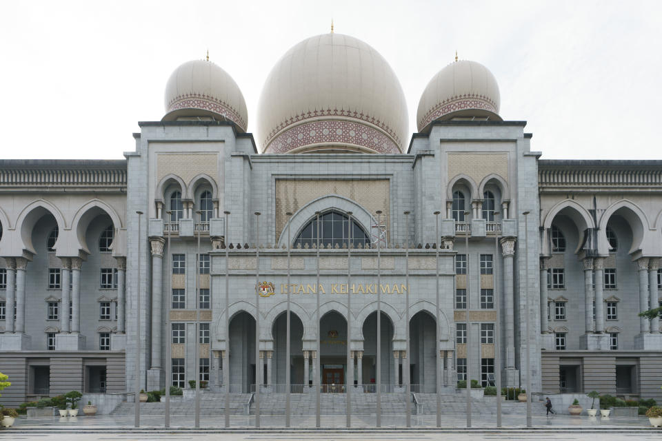 Palace of Justice, which house of Court of Appeal, stands in Putrajaya, Malaysia, Monday, April 5, 2021. The court Monday began hearing an appeal by former Malaysian Prime Minister Najib Razak to overturn his conviction and 12-year jail sentence linked to the massive looting of the 1MDB state investment fund that brought down his government in 2018. (AP Photo/Vincent Thian)