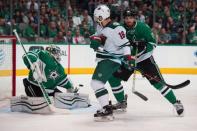 Apr 22, 2016; Dallas, TX, USA; Minnesota Wild left wing Jason Zucker (16) watches a shot by center Jordan Schroeder (not pictured) get past Dallas Stars goalie Antti Niemi (31) for a goal during the first period in game five of the first round of 2016 Stanley Cup Playoffs at the American Airlines Center. Mandatory Credit: Jerome Miron-USA TODAY Sports