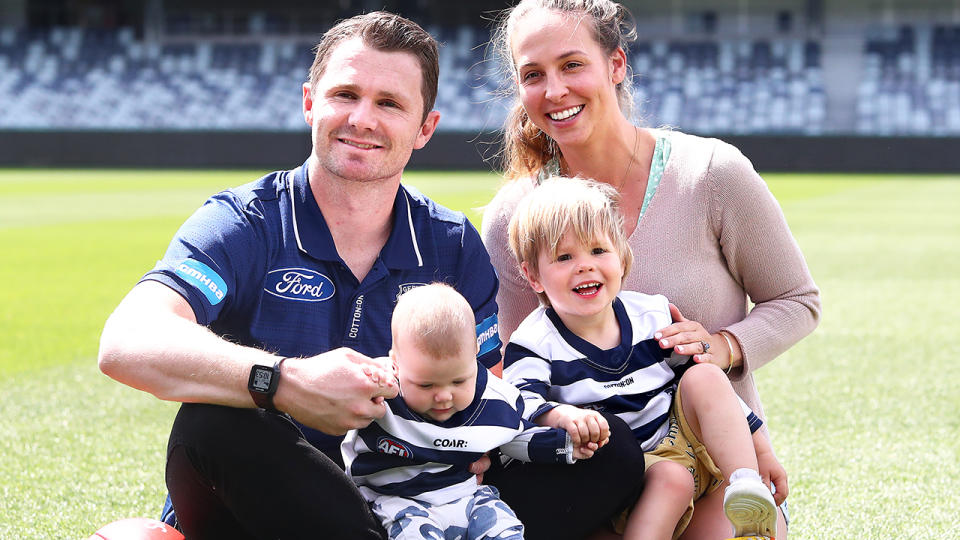 Patrick Dangerfield, pictured here with wife Mardi and their kids Felicite and George.