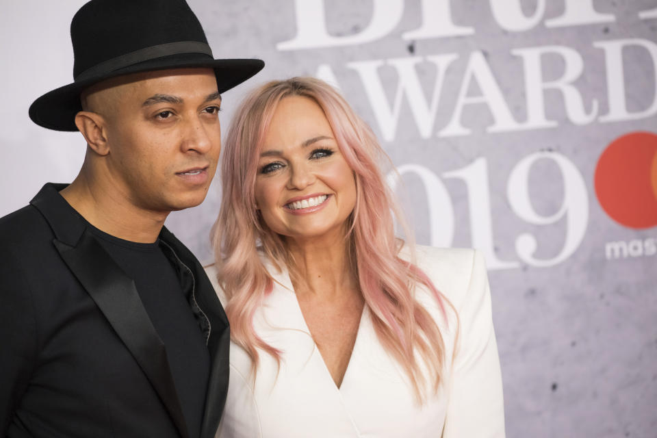 Jade Jones and Emma Bunton pose for photographers upon arrival at the Brit Awards 2019 in London, Wednesday, Feb. 20, 2019. (Photo by Vianney Le Caer/Invision/AP)