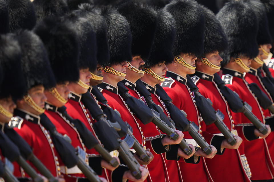 Soldiers parade during the Colonel's Review, the final rehearsal of the Trooping the Colour, the King's annual birthday parade, at Horse Guards Parade in London, Saturday, June 10, 2023. (AP Photo/Alberto Pezzali)