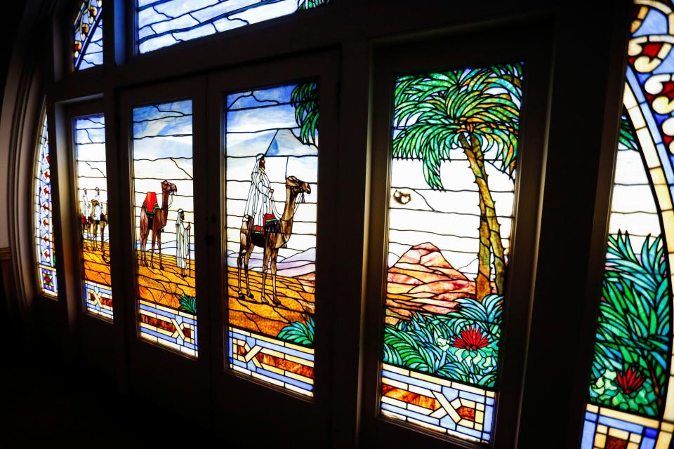 A stained glass mural from inside the Abou Ben Adhem Shrine Mosque on Friday, Sept. 8, 2023. The Shrine is celebrating its 100th anniversary this fall.