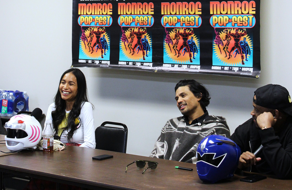 Actors (from left) Jessica Rey, Jeffrey Parazzo and Kevin Duhaney interact with fans Saturday during the Power Rangers panel during the 11th annual Monroe Pop Fest.