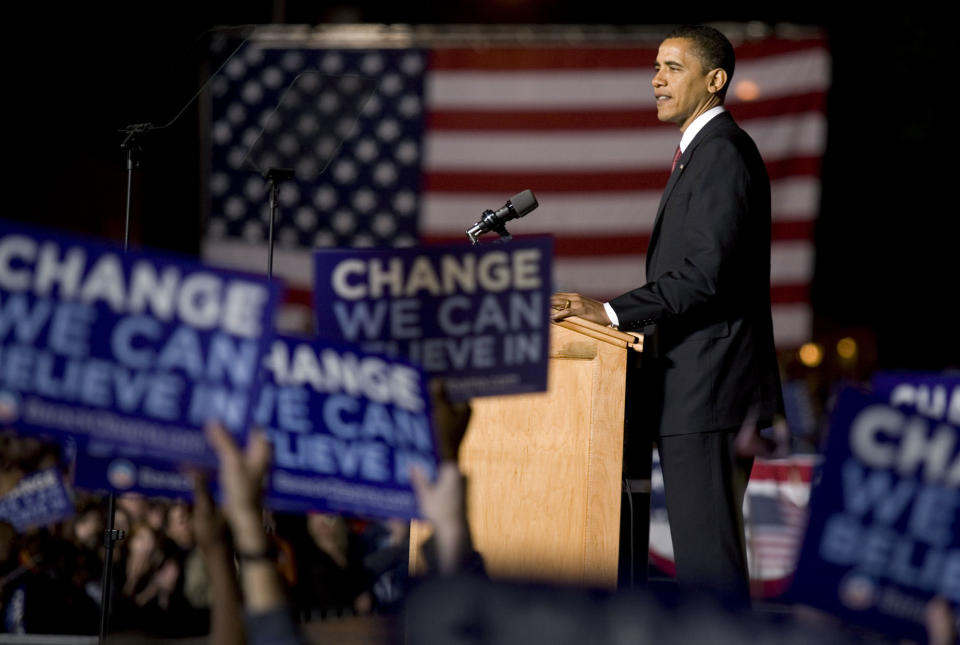 Democratic presidential hopeful Sen. Barack Obama, D-Ill., speaks at a rally in downtown Des Moines, Iowa, on Tuesday, May 20, 2008. (Photo: Kevin Sanders/AP)