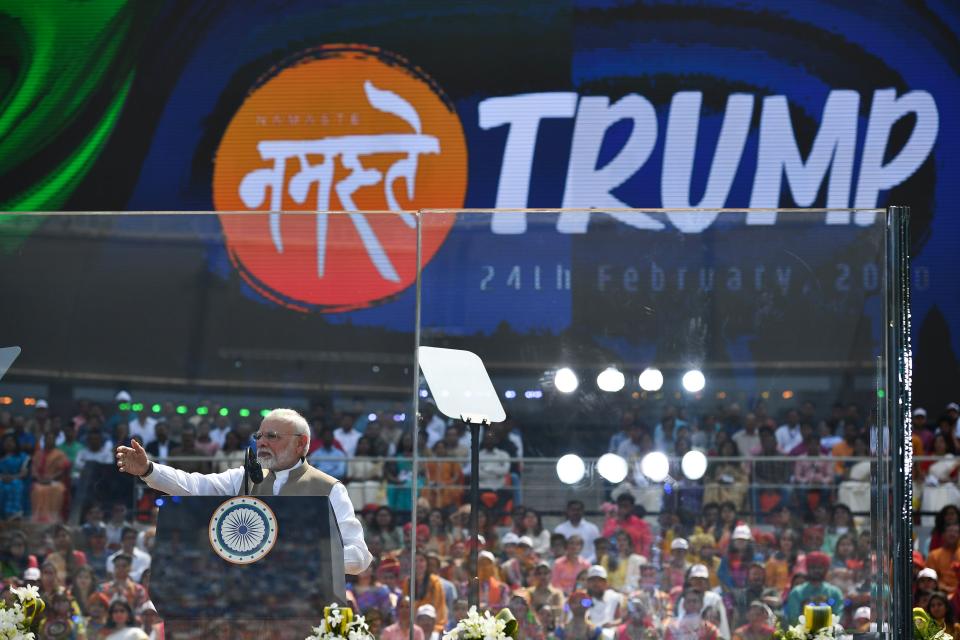 India's Prime Minister Narendra Modi speaks during 'Namaste Trump' rally at Sardar Patel Stadium in Motera, on the outskirts of Ahmedabad, on February 24, 2020. (Photo by Mandel NGAN / AFP) (Photo by MANDEL NGAN/AFP via Getty Images)