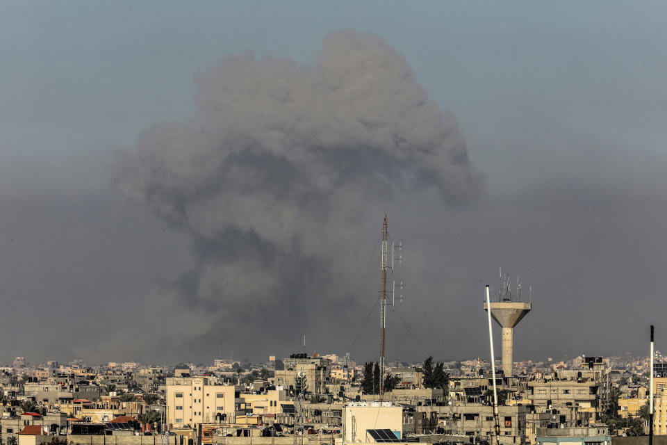 Smoke rises over the residential areas following the Israeli attacks on Khan Yunis, Gaza on January 19, 2024.  (Abed Rahim Khatib / Anadolu via Getty Images)