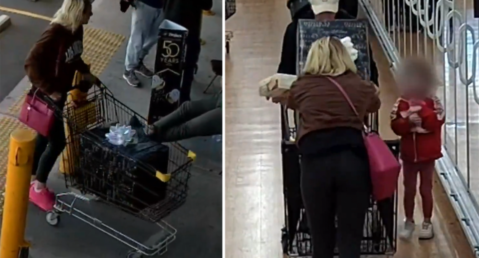 The woman is seen entering the store with the gift-wrapped present, beside a still of the man and woman swapping trolleys in the aisle. 