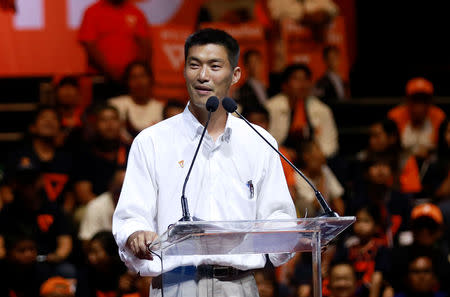 Thanathorn Juangroongruangkit, leader of the Future Forward Party, speaks during his campaign rally in Bangkok, Thailand, March 22, 2019.REUTERS/Soe Zeya Tun