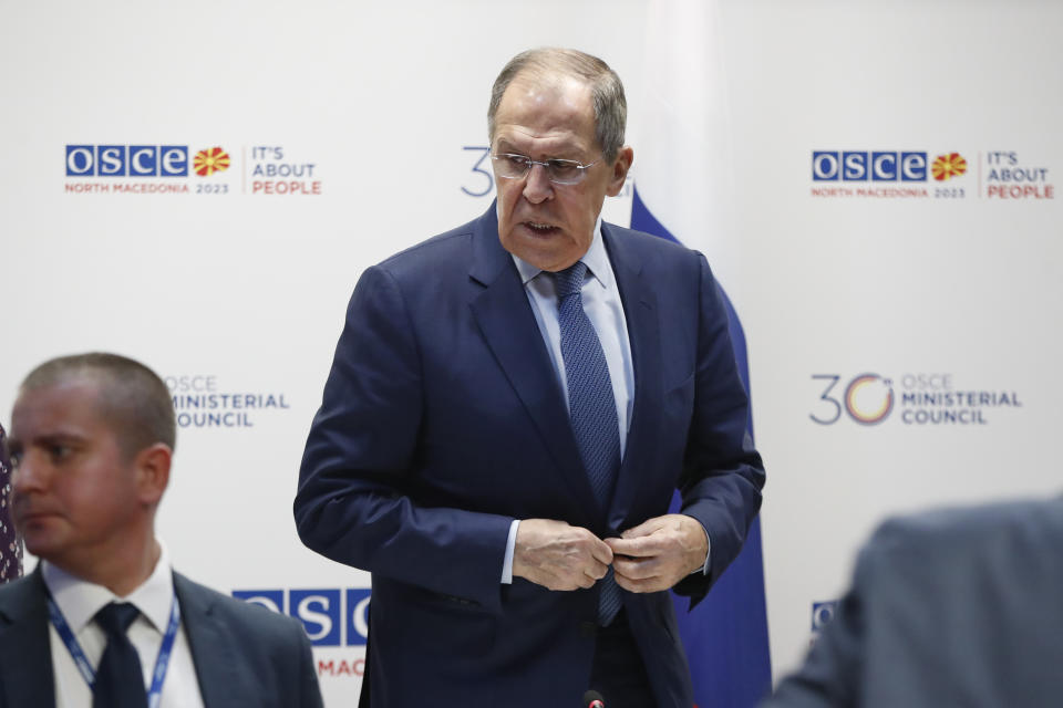 Russia's Foreign Minister Sergey Lavrov leaves at the end of his news conference, during the OSCE (Organization for Security and Co-operation in Europe) Ministerial Council meeting, in Skopje, North Macedonia, on Friday, Dec. 1, 2023. (AP Photo/Boris Grdanoski)