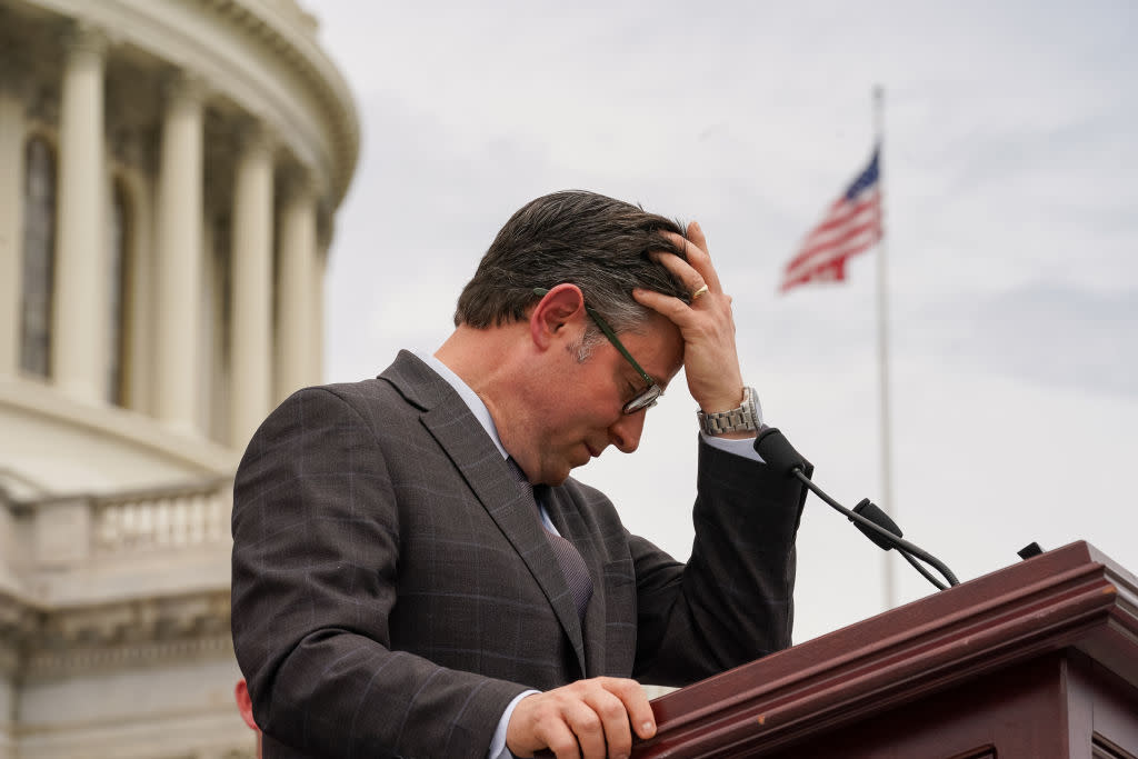  House Speaker Mike Johnson (R-La.) during a news conference outside the US Capitol in Washington, DC, US, on Wednesday, May 8, 2024. 