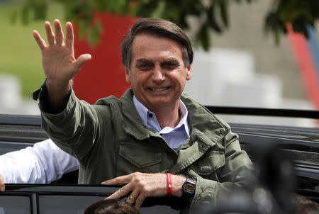 Jair Bolsonaro, far-right lawmaker and presidential candidate of the Social Liberal Party (PSL), gestures at a polling station in Rio de Janeiro, Brazil October 28, 2018. REUTERS/Pilar Olivares