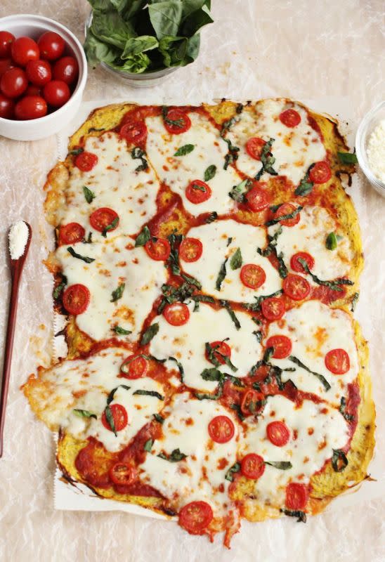 <p>A Beautiful Mess</p><p>This spaghetti squash pizza crust is an ingeneous way to use up excess spaghetti squash!</p><p><a href="http://www.abeautifulmess.com/2014/03/spaghetti-squash-pizza-crust.html" rel="nofollow noopener" target="_blank" data-ylk="slk:Get the recipe here!;elm:context_link;itc:0;sec:content-canvas" class="link "><em><strong>Get the recipe here!</strong></em></a></p>