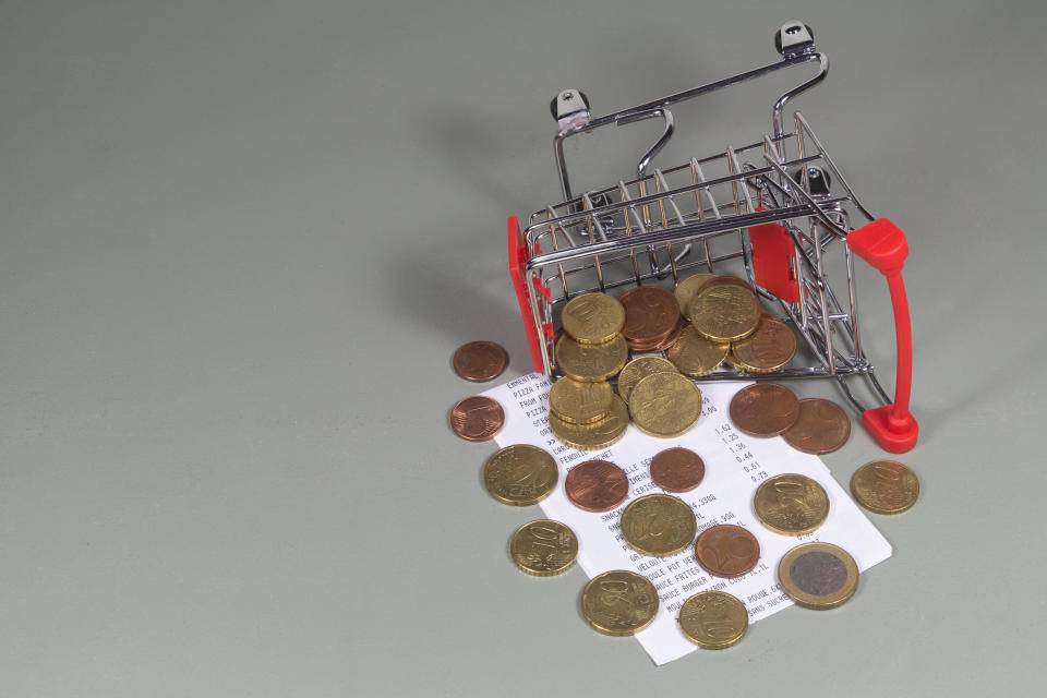 Small shopping cart, till receipt and euros coins