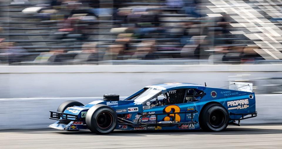 Jake Johnson, driver of the No. 3 Modified during qualifying for the IceBreaker 150 for the NASCAR Whelen Modified Tour at Thompson Speedway Motorsports Park in Thompson, Connecticut on April 7, 2024. (Susan Wong/NASCAR)