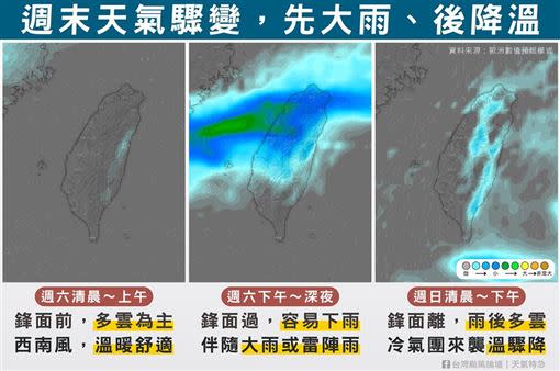 「台灣颱風論壇｜天氣特急」發文寫道【週末天氣驟變，先大雨、後降溫】。（圖／翻攝自台灣颱風論壇｜天氣特急）