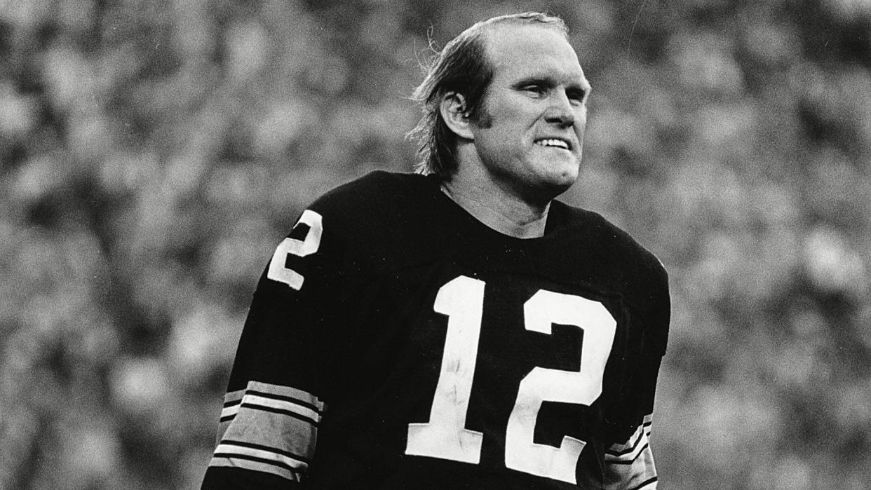 Mandatory Credit: Photo by AP/Shutterstock (6611659b)Bradshaw Pittsburgh Steelers quarterback Terry Bradshaw (12) reacts after leading his team to a 35-31 victory over the Dallas Cowboys in Super Bowl XIII game at the Orange Bowl in Miami Fla.