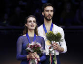 Figure Skating - ISU European Championships 2018 - Ice Dance Victory Ceremony - Moscow, Russia - January 20, 2018 - Gold medallists Gabriella Papadakis and Guillaume Cizeron of France attend the ceremony. REUTERS/Grigory Dukor