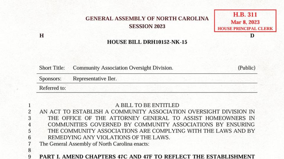 This N.C. House bill would have created a division within the state attorney general’s office to oversee homeowners associations. After HOAs opposed that provision in 2023, it was stripped from the bill.