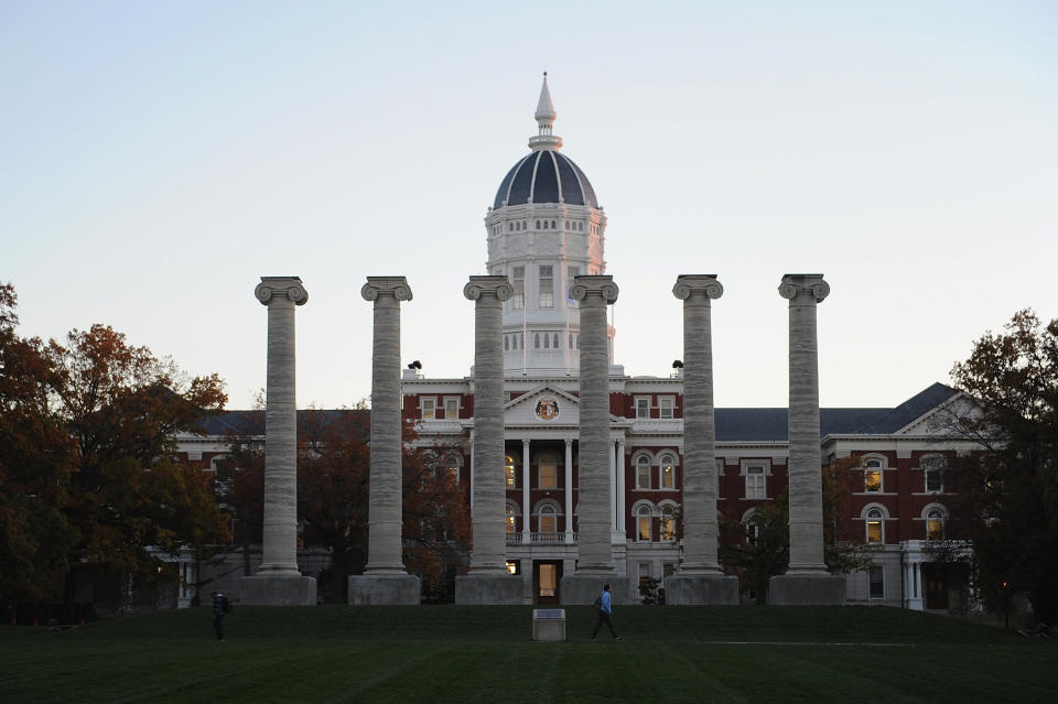 COLUMBIA, MO - NOVEMBER 9: Students walk about on the campus of University of Missouri - Columbia on November 9, 2015 in Columbia, Missouri. University of Missouri System President Tim Wolfe resigned today amid protests over racial tensions at the university.  (Photo by Michael B. Thomas/Getty Images)