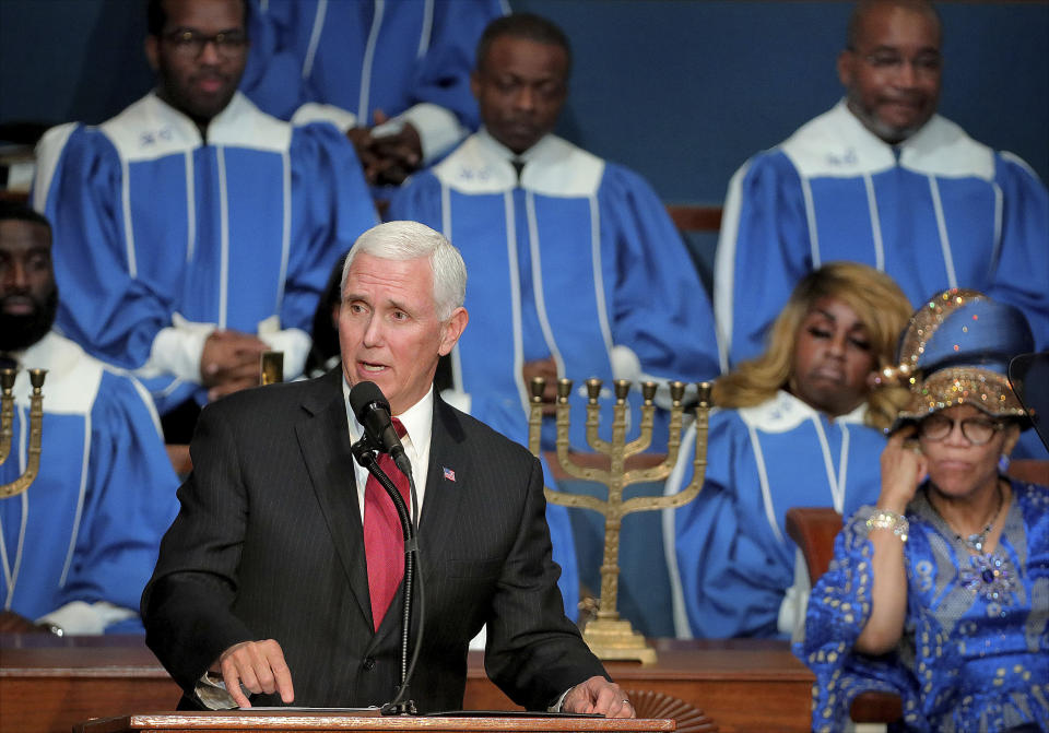 Vice President Mike Pence speaks to the Holy City Church of God In Christ congregation during his trip to Memphis on Sunday, Jan. 19, 2020. Pence spoke at the church service in remembrance of the Rev. Martin Luther King Jr., the day before the federal holiday named after the civil rights leader. Pence says King touched the hearts of millions of Americans and his words continue to inspire. Pence acknowledged the nation's deep divide and says Americans must rededicate themselves to the ideals that King advanced. (Patrick Lantrip/Daily Memphian via AP)