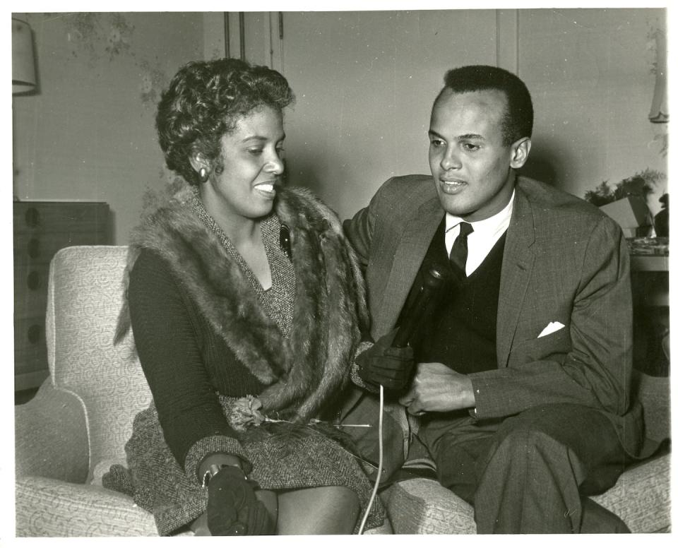 Harry Belafonte being interviewed by a student at Bennett College in Greensboro, N.C., year unknown. Thomas F. Holgate Library at Bennettt College