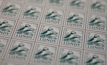 A sheet of puffin stamps is seen for sale in the village store during the Cloud Appreciation Society's gathering in Lundy