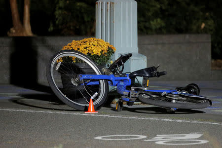 A bicycle lies in a bicycle lane following a pickup truck attack on the West Side Highway in Manhattan, New York, U.S., November 1, 2017. REUTERS/Andrew Kelly